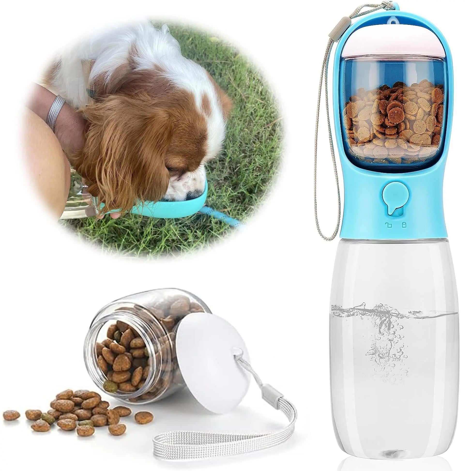 19oz Portable Pet Water Bottle with Food Container - 2-in-1 Dispenser for Dogs, Cats, Rabbits, and Other Pets - Ideal for Walking, Hiking, Camping, and Travel (Blue, 550ml)