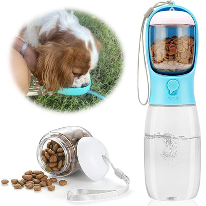 19oz Portable Pet Water Bottle with Food Container - 2-in-1 Dispenser for Dogs, Cats, Rabbits, and Other Pets - Ideal for Walking, Hiking, Camping, and Travel (Blue, 550ml)