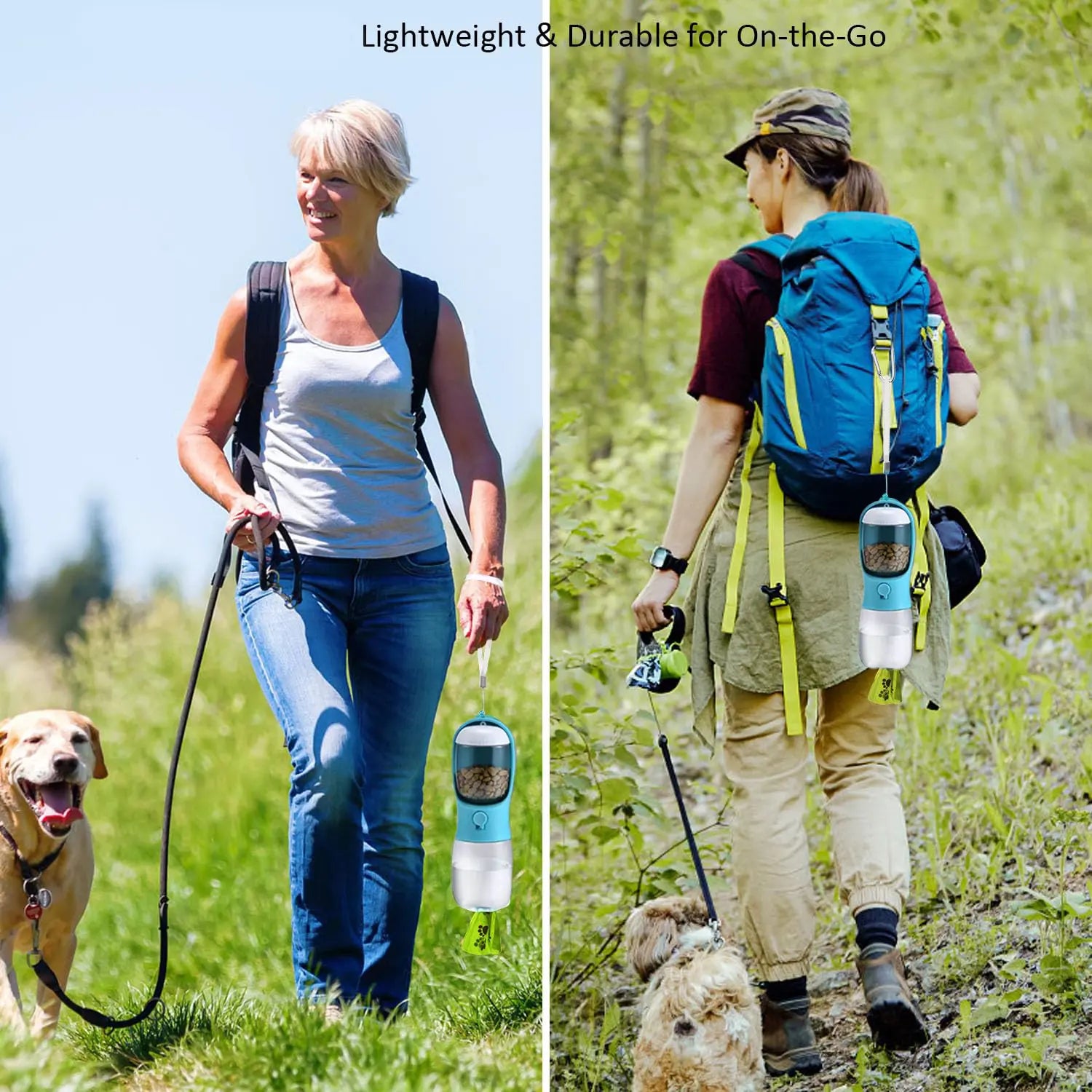 19oz Portable Pet Water Bottle with Food Container - 2-in-1 Dispenser for Dogs, Cats, Rabbits, and Other Pets - Ideal for Walking, Hiking, Camping, and Travel (Blue, 550ml)