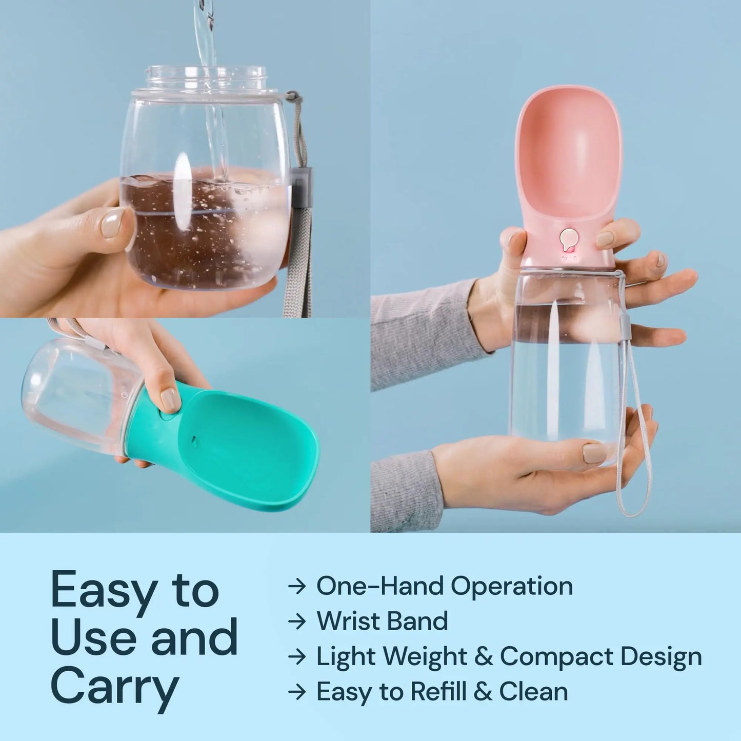 19oz Portable Pet Water Bottle with Food Container - 2-in-1 Dispenser for Dogs, Cats, Rabbits, and Other Pets - Ideal for Walking, Hiking, Camping, and Travel (Blue, 550ml)