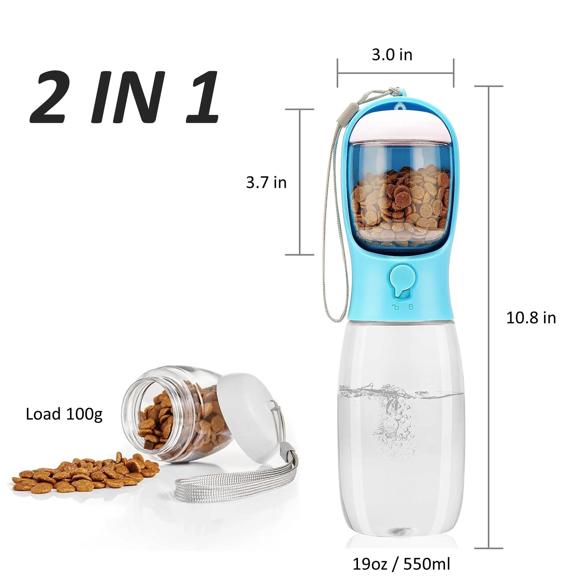 19oz Portable Pet Water Bottle with Food Container - 2-in-1 Dispenser for Dogs, Cats, Rabbits, and Other Pets - Ideal for Walking, Hiking, Camping, and Travel (Blue, 550ml)